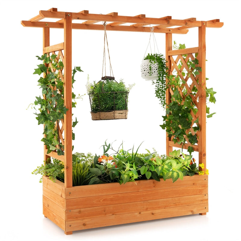 Raised Garden Bed Wood Planter Box with Roof and side Trellis for Climbing Plants Vines