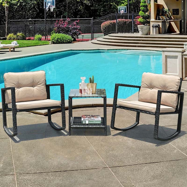 3PCS Patio Rattan Furniture Set with 2 Rocking Chairs, Cushions & Glass Top Coffee Table, Wicker Outdoor Rocker Bistro Set for Lawn Garden - Bestoutdor