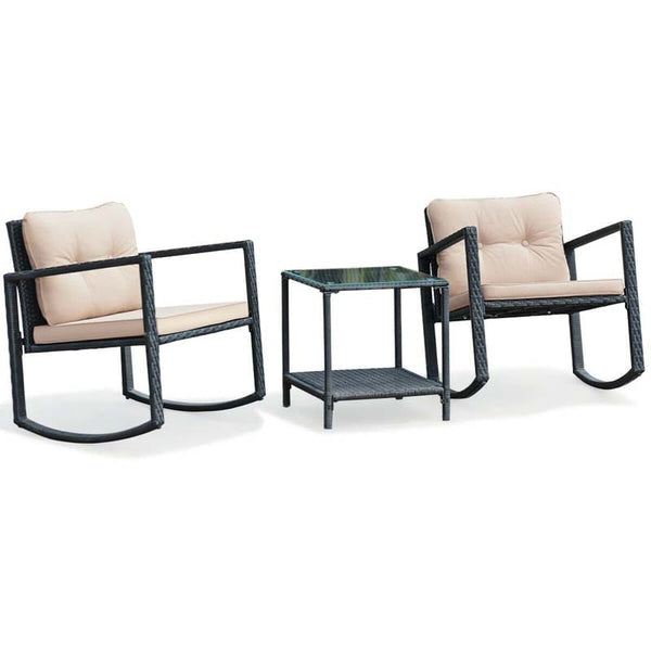 3PCS Patio Rattan Furniture Set with 2 Rocking Chairs, Cushions & Glass Top Coffee Table, Wicker Outdoor Rocker Bistro Set for Lawn Garden - Bestoutdor
