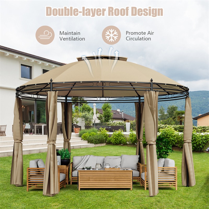 11.5' Round Patio Gazebo Heavy Duty 2-Tier Outdoor Dome Gazebo with Removable Side Curtains & Double Roof