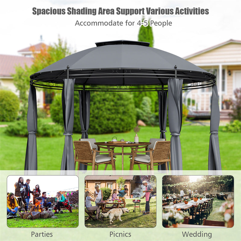11.5' Round Patio Gazebo Heavy Duty Outdoor 2-Tier Dome Gazebo with Removable Side Curtains & Double Roof
