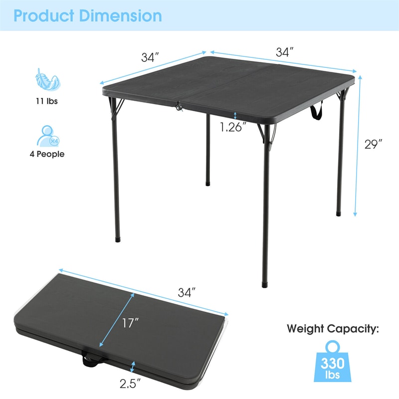 34" Square Folding Card Table Portable HDPE Outdoor Picnic Dining Table with Metal Frame & Carry Straps