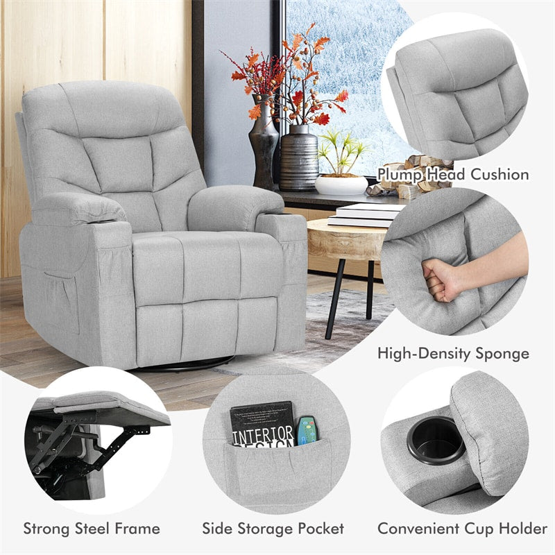 Swivel Rocker Recliner Massage Chair Leather Glider Massage Recliner with Heating & Remote Control