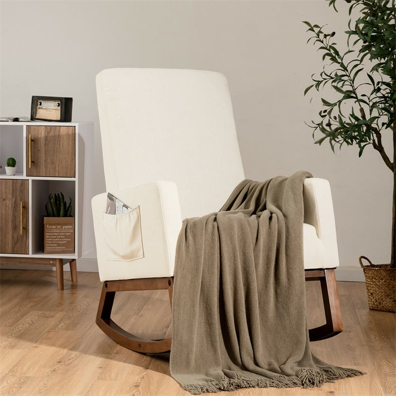 High Back Upholstered Rocking Chair Modern Fabric Nursery Glider Rocker with Wood Base & Side Pocket