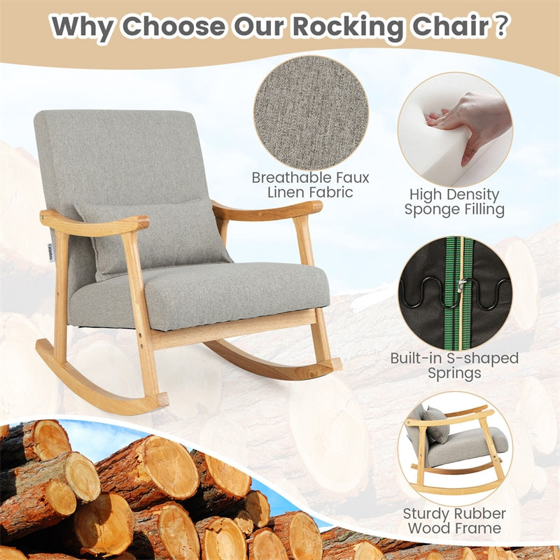 Upholstered Rocking Chair Modern Rocker Rubber Wood Frame with Padded Pillow for Living Room Bedroom Office